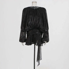 Lace-Up Blouse Mini Dress – V-Neck Long Sleeve Elegance - Viva Bella
