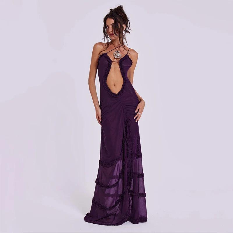 Luxury Furry Halter Dress – Split Evening Gown for Special Occasions - Viva Bella