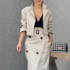 Casual Cargo Temperament Button Belt Dress Set Women Stand Collar Short Jacket Tops and High-waisted Slit Skirt Office Two-Piece