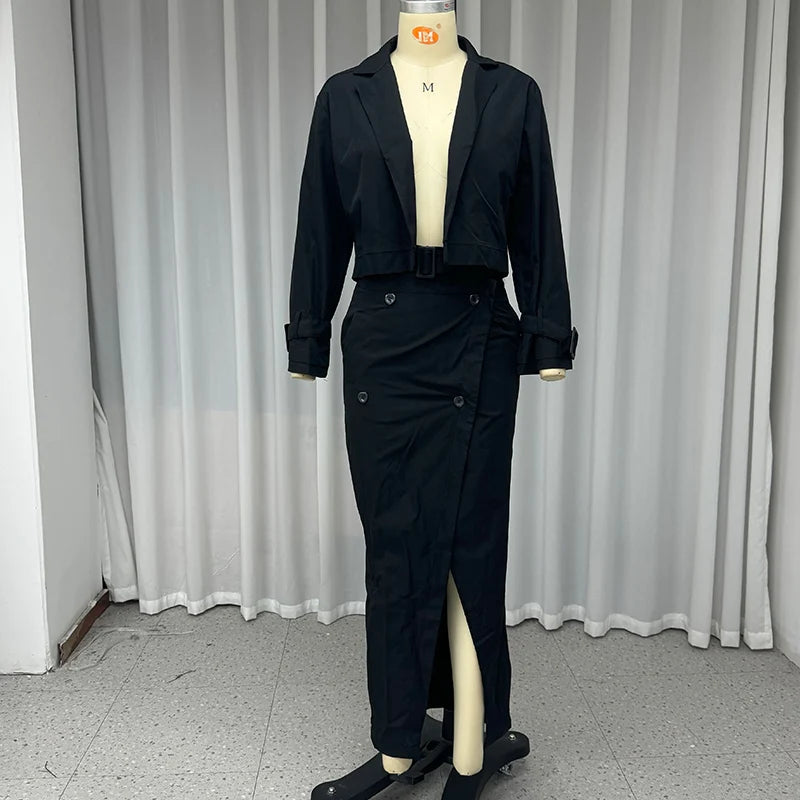 Casual Cargo Temperament Button Belt Dress Set Women Stand Collar Short Jacket Tops and High-waisted Slit Skirt Office Two-Piece