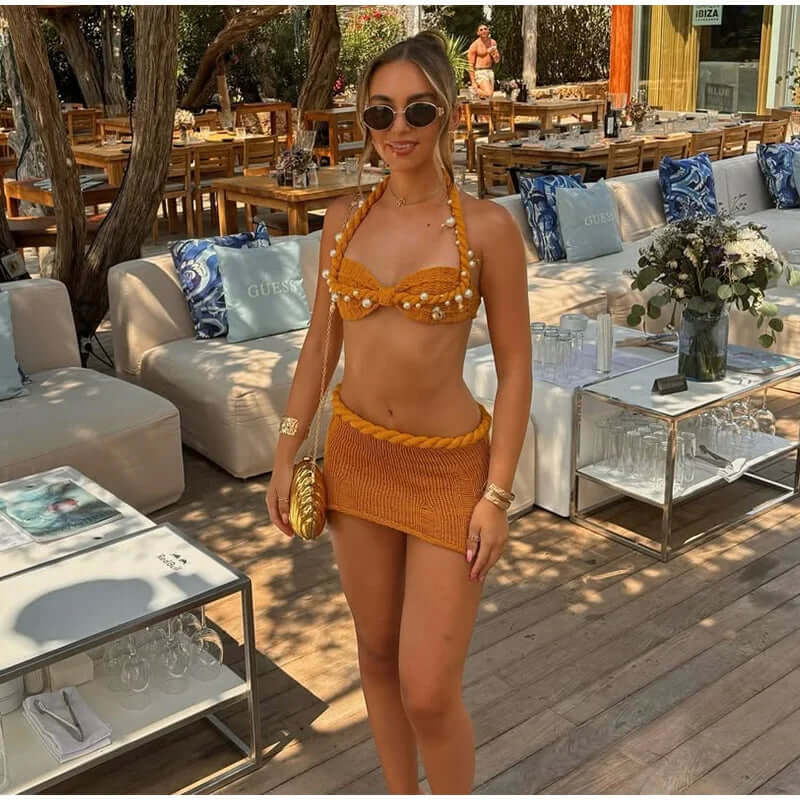 Twisted Knit Beach Set – High Waist Skirt & Shell Bra - Viva Bella