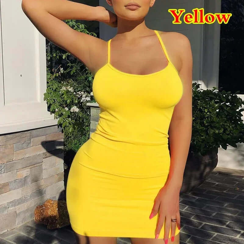 Summer Spaghetti Strap Mini Dress 2024 Women Sexy Bodycon Club Party Dresses Short Female Camisole Solid Black Sheath Sundress - Viva Bella