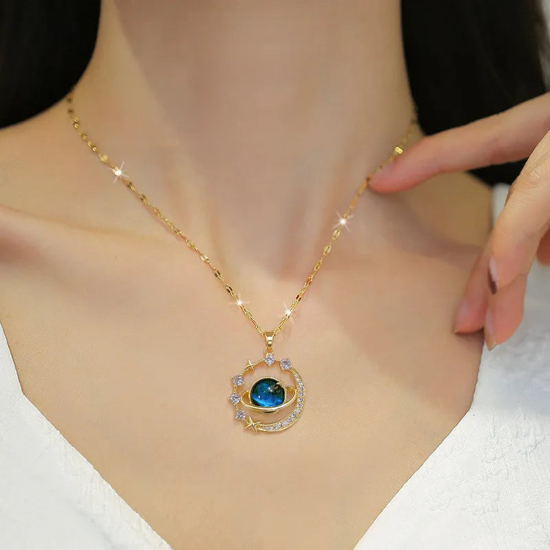 Inlaid Zircon Planet Moon Necklace - Viva Bella