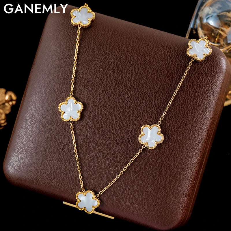 Stainless Steel White 5 Flowers Necklace - Viva Bella