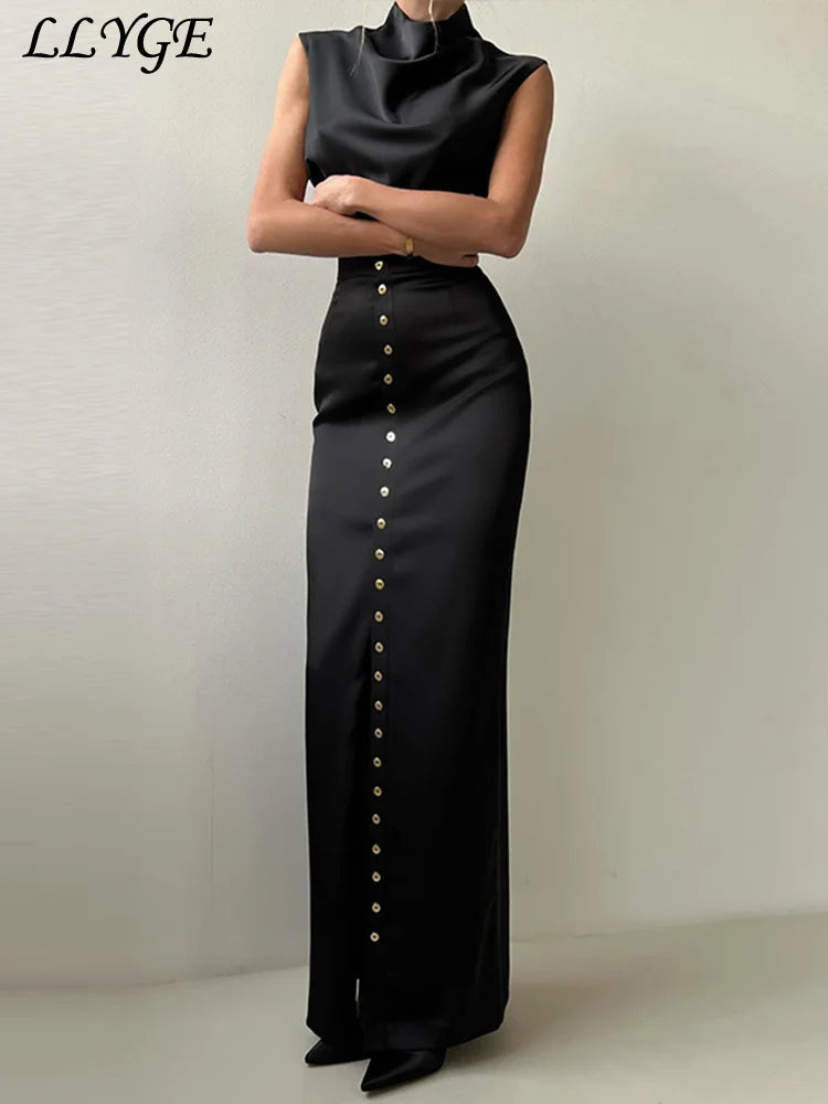 Satin Crop Top & Button Skirt Set – Sleek Spring Statement