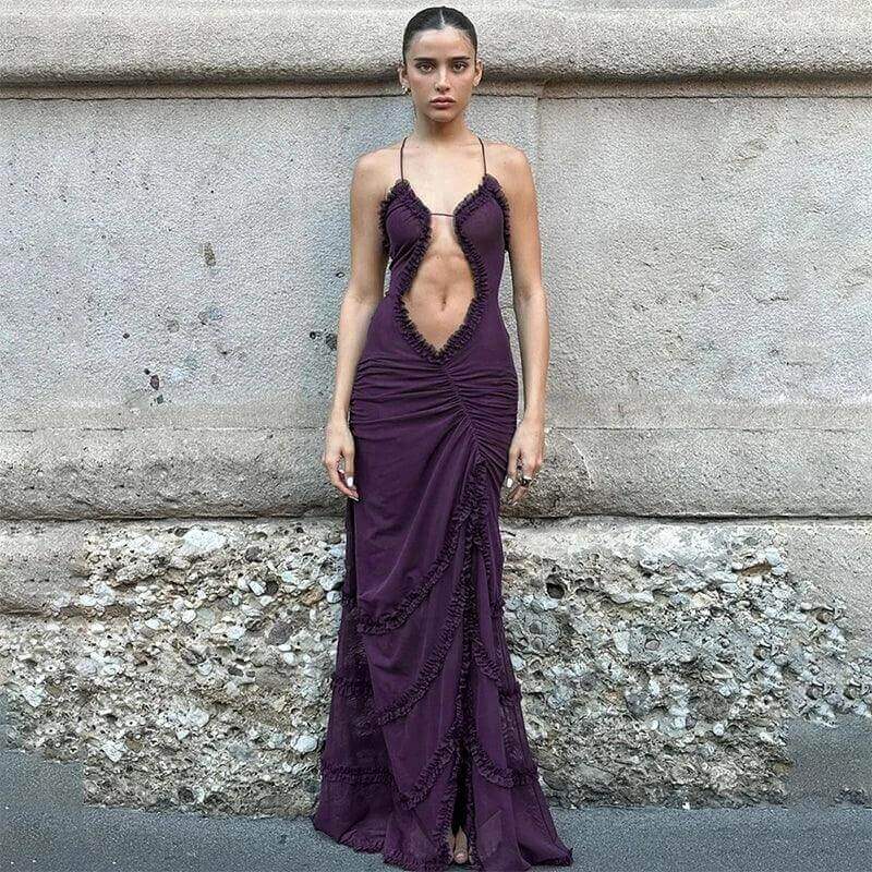 Luxury Furry Halter Dress – Split Evening Gown for Special Occasions - Viva Bella