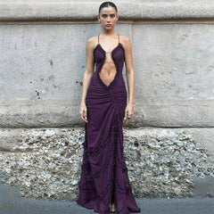 Luxury Furry Halter Dress – Split Evening Gown for Special Occasions - Viva Bella