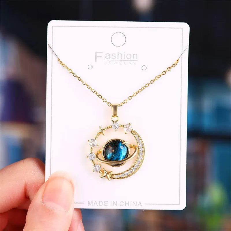 Inlaid Zircon Planet Moon Necklace - Viva Bella