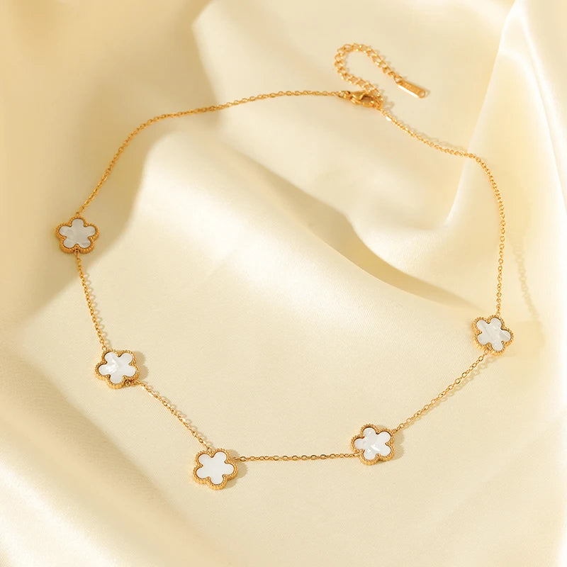 Stainless Steel White 5 Flowers Necklace - Viva Bella