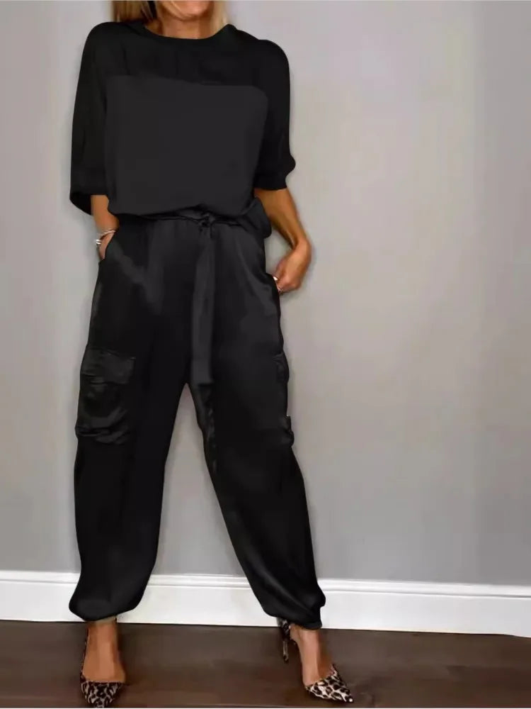 Satin Long-Sleeve Top & Matching Wide-Leg Pants – Timeless Luxe - Viva Bella