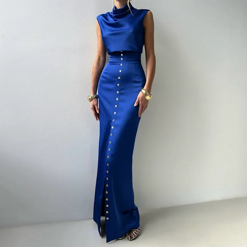 Satin Crop Top & Button Skirt Set – Sleek Spring Statement