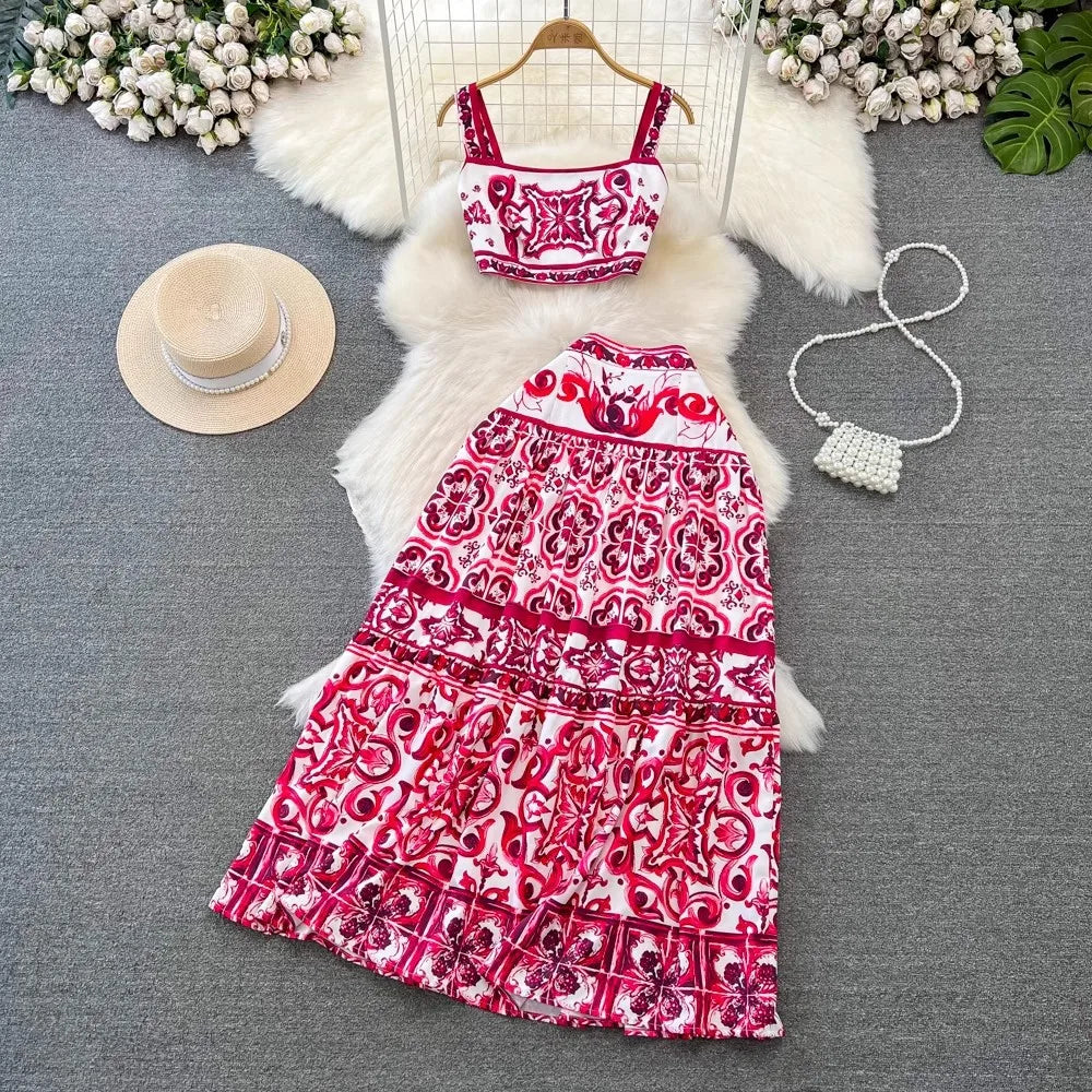 Porcelain Print Summer Set – Crop Top + Maxi Skirt
