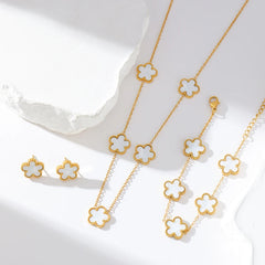 Stainless Steel White 5 Flowers Necklace - Viva Bella