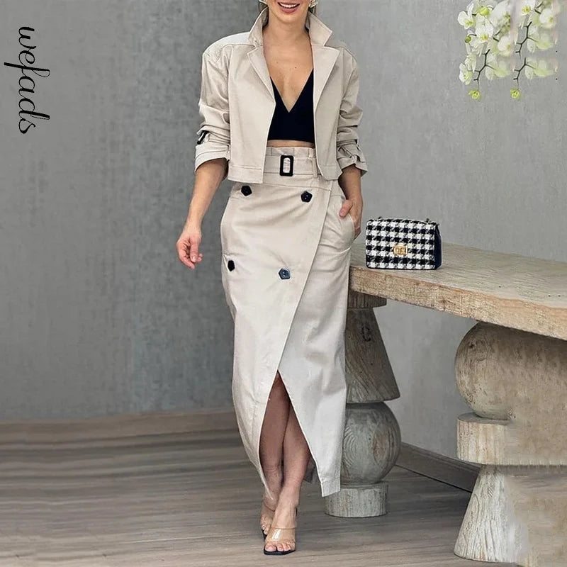 Casual Cargo Temperament Button Belt Dress Set Women Stand Collar Short Jacket Tops and High-waisted Slit Skirt Office Two-Piece