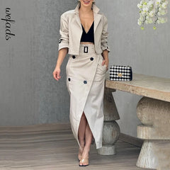 Casual Cargo Temperament Button Belt Dress Set Women Stand Collar Short Jacket Tops and High-waisted Slit Skirt Office Two-Piece