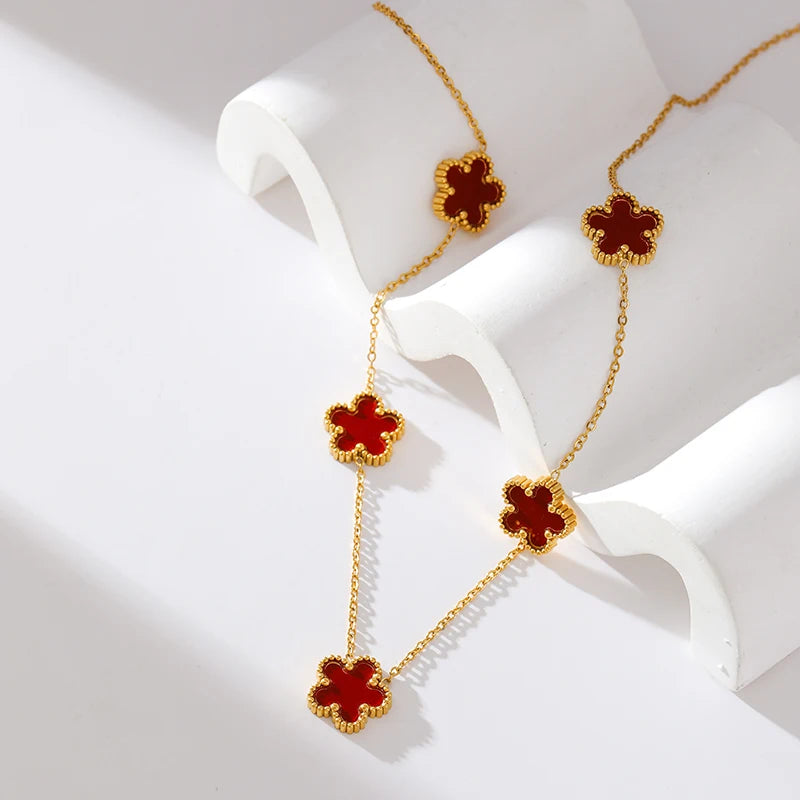 Stainless Steel White 5 Flowers Necklace - Viva Bella