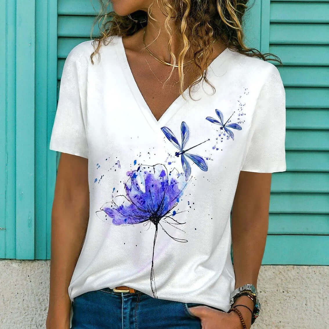Women V-neck 3d Dragonfly Print T Shirt - Viva Bella