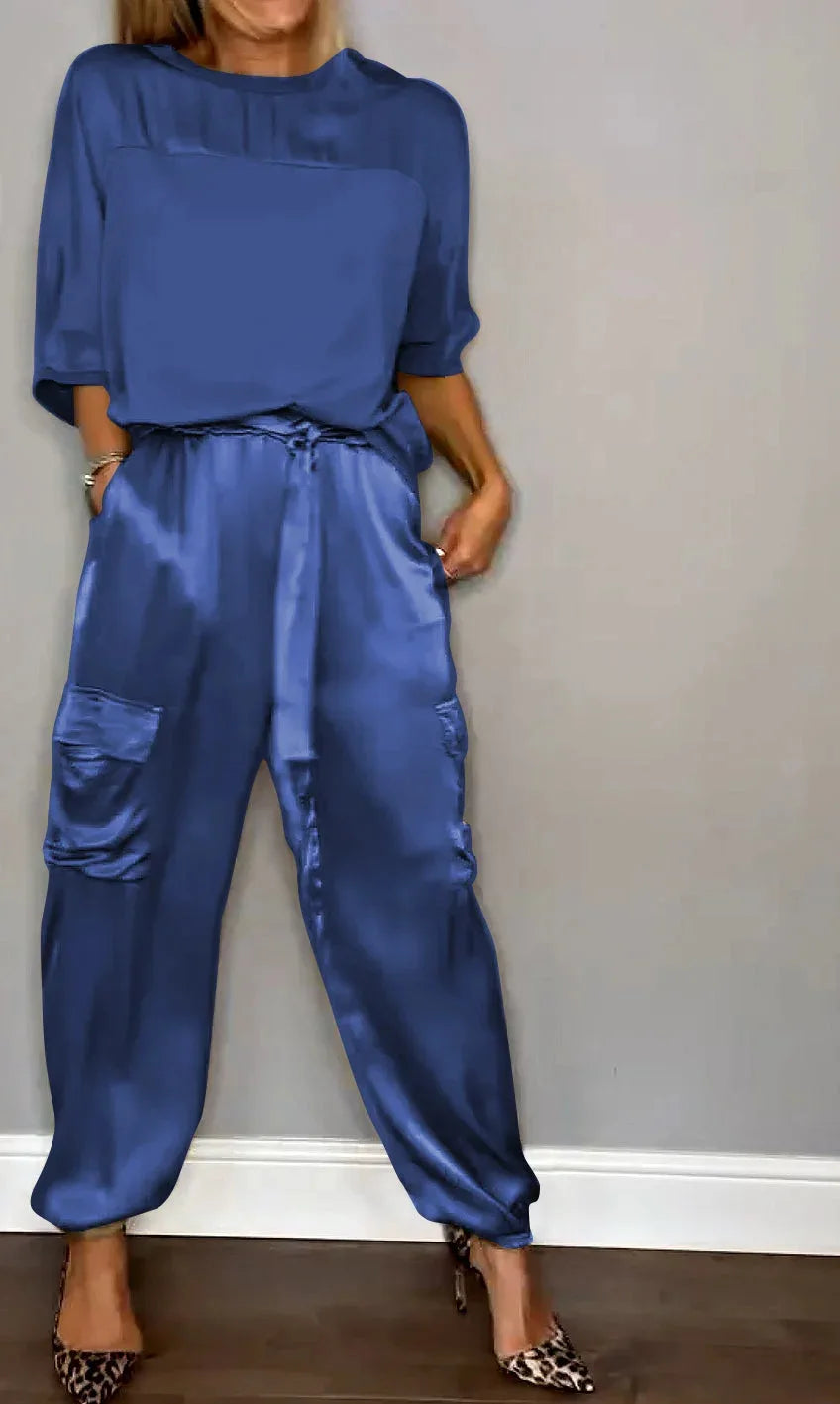 Satin Long-Sleeve Top & Matching Wide-Leg Pants – Timeless Luxe - Viva Bella