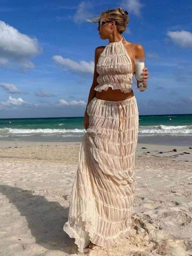 Backless Ruched Beach Set – Halter Top & Long Skirt Two-Piece Outfit - Viva Bella