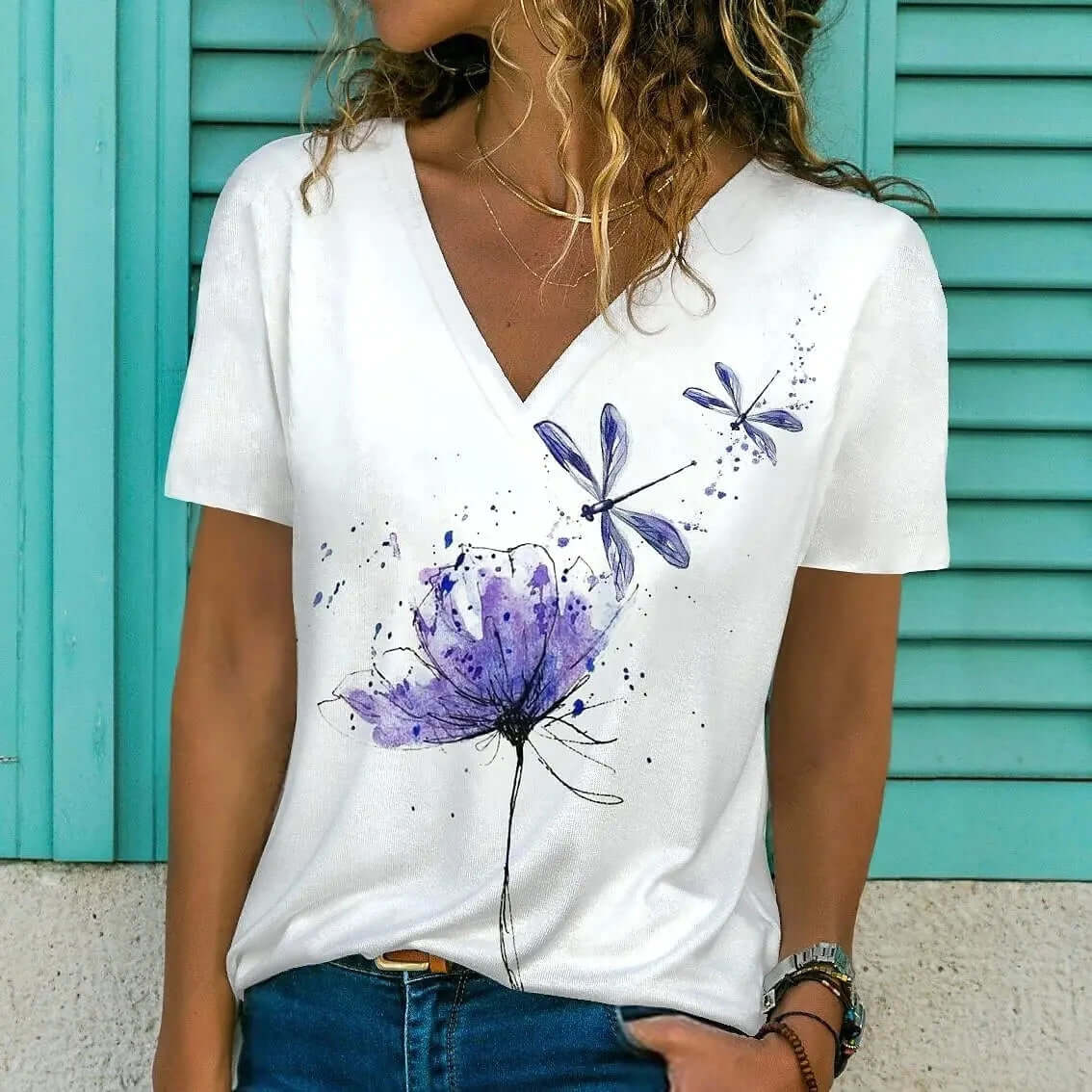 Women V-neck 3d Dragonfly Print T Shirt - Viva Bella