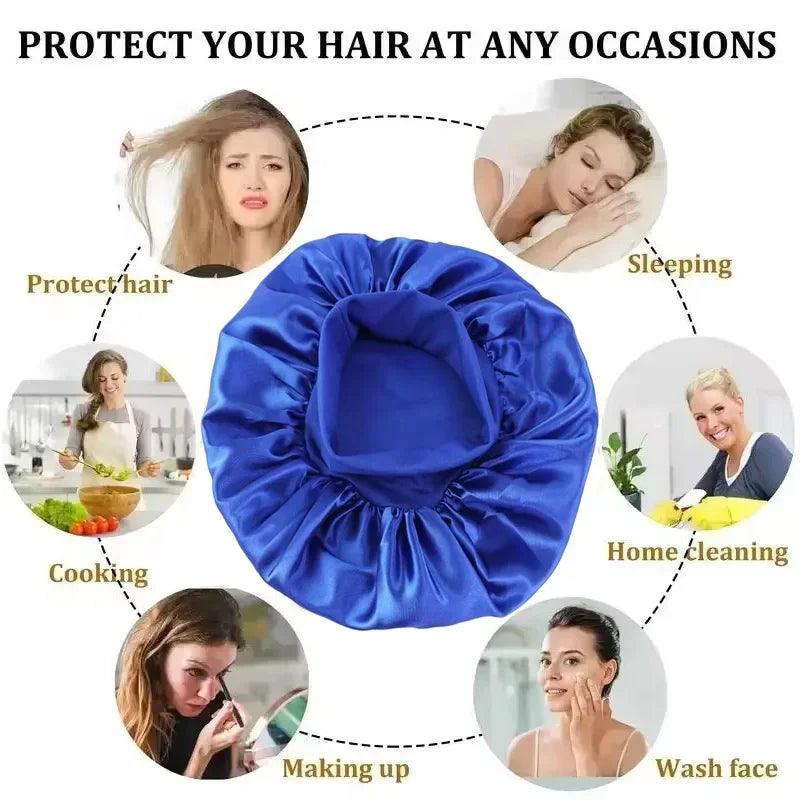 1pcs Soft Silk Satin Lined Bonnet Large Satin Hair Bonnet Household Sleep Shower Cap Hair Wrap Cover for Long Hair Salon Tool - Viva Bella