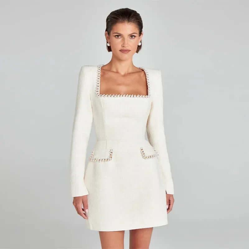 2024 Summer New Women's White Long Sleeved Square Neck Diamond Pocket Decoration A-line Dress Bodycon Celebrity Party Mini Dress - Viva Bella