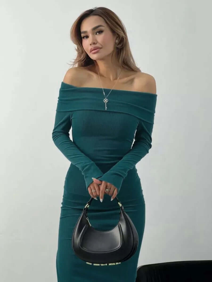 Off-Shoulder Ribbed Knit Dress – Sultry & Sophisticated - Viva Bella