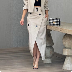 Casual Cargo Temperament Button Belt Dress Set Women Stand Collar Short Jacket Tops and High-waisted Slit Skirt Office Two-Piece