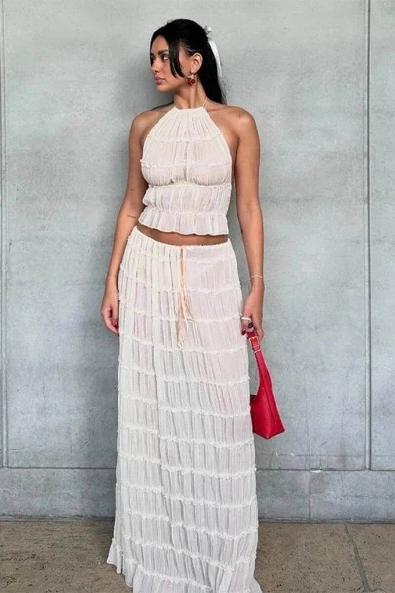 Backless Ruched Beach Set – Halter Top & Long Skirt Two-Piece Outfit - Viva Bella