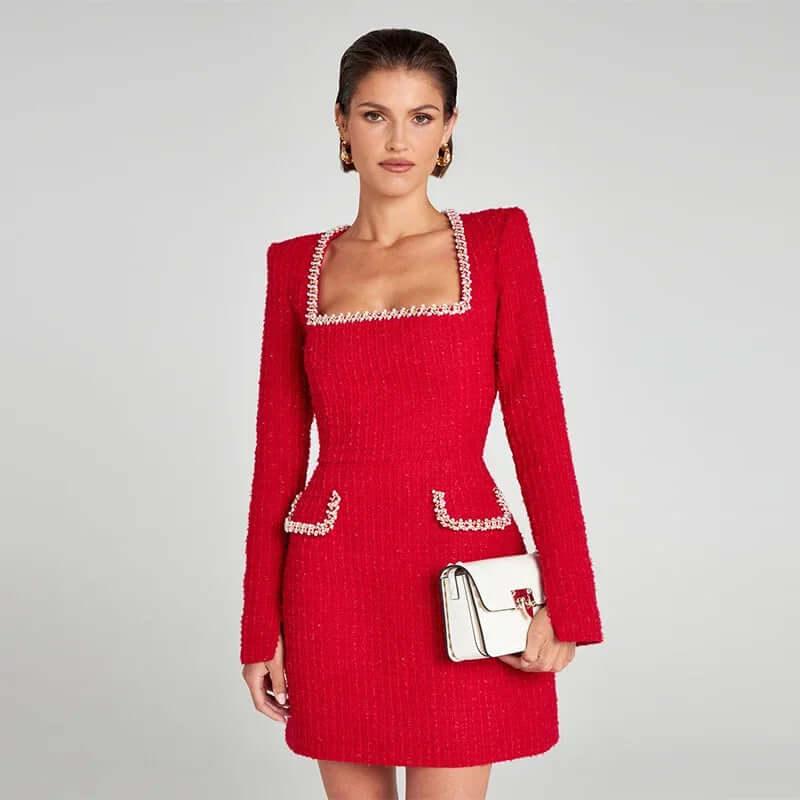 2024 Summer New Women's White Long Sleeved Square Neck Diamond Pocket Decoration A-line Dress Bodycon Celebrity Party Mini Dress - Viva Bella