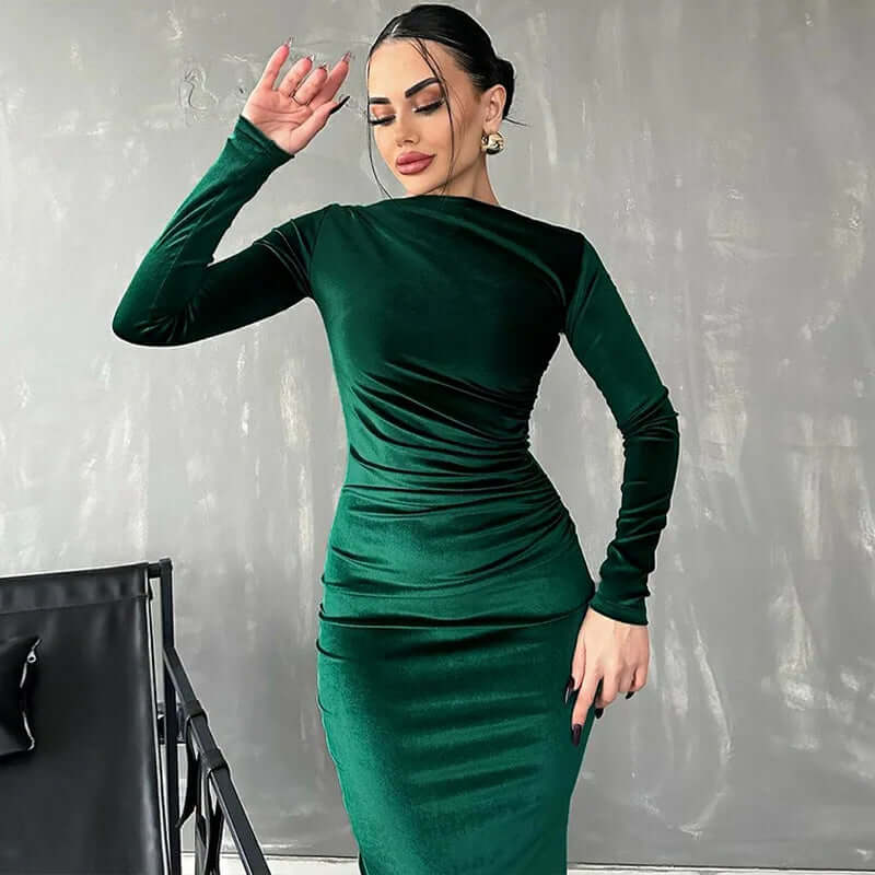 Velvet Midi Dress – Ruched Elegant Evening Wear - Viva Bella