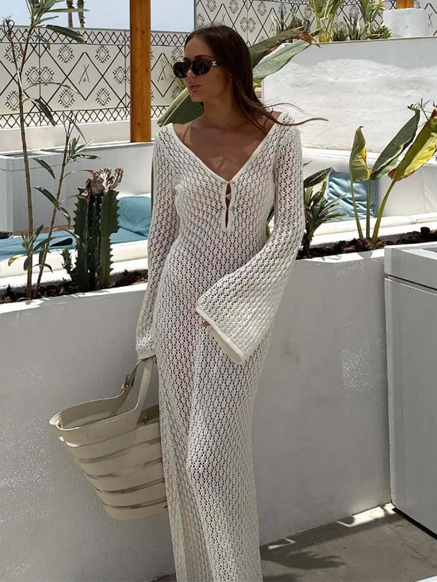 White Knit Beach Cover-Up – Backless & Hollow-Out - Viva Bella