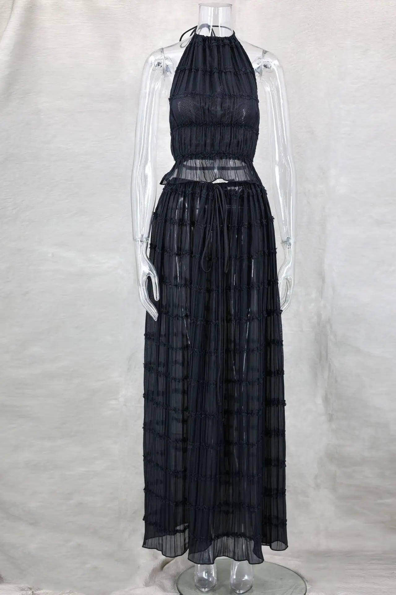 Backless Ruched Beach Set – Halter Top & Long Skirt Two-Piece Outfit - Viva Bella