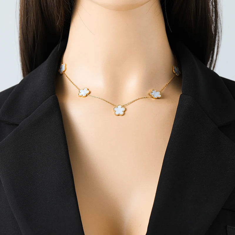 Stainless Steel White 5 Flowers Necklace - Viva Bella