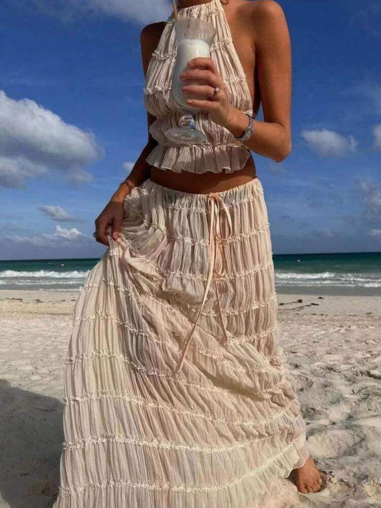 Backless Ruched Beach Set – Halter Top & Long Skirt Two-Piece Outfit - Viva Bella