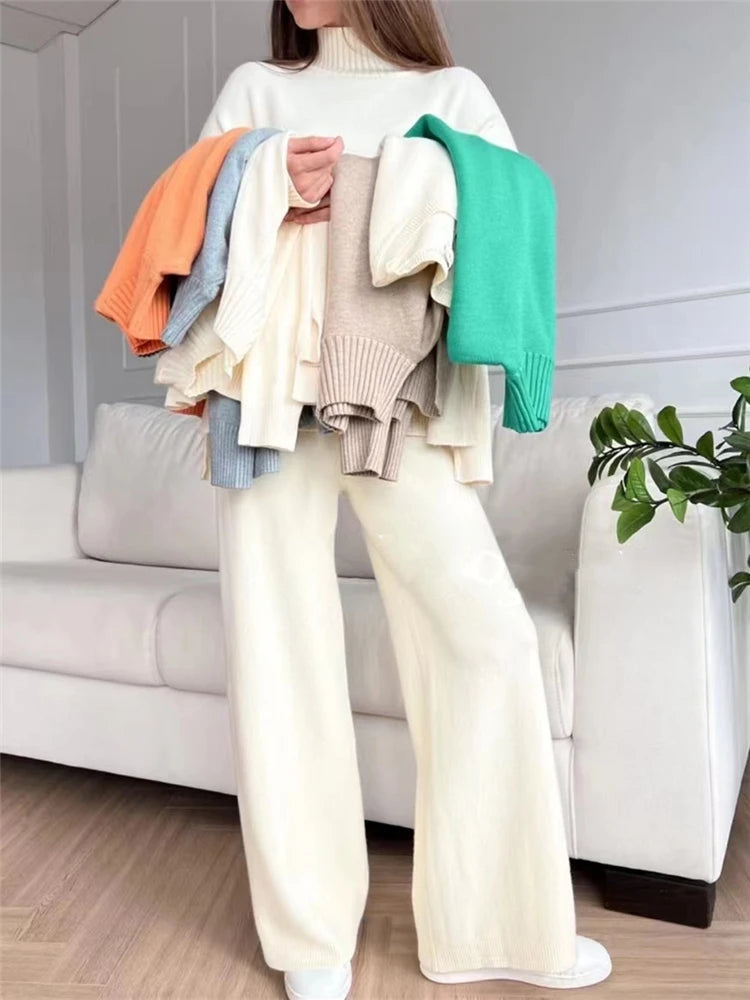Autumn Winter 2 Pieces Women Sets Knitted Tracksuit Turtleneck Sweater and Straight Jogging Pants Suits - Viva Bella