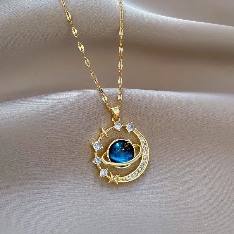 Inlaid Zircon Planet Moon Necklace - Viva Bella