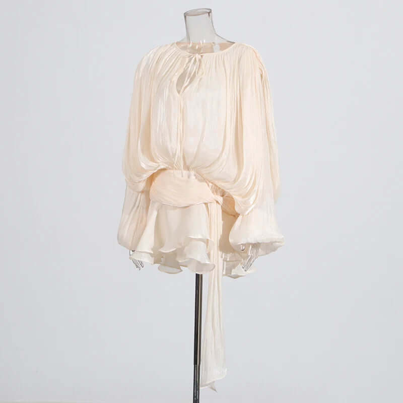 Lace-Up Blouse Mini Dress – V-Neck Long Sleeve Elegance - Viva Bella