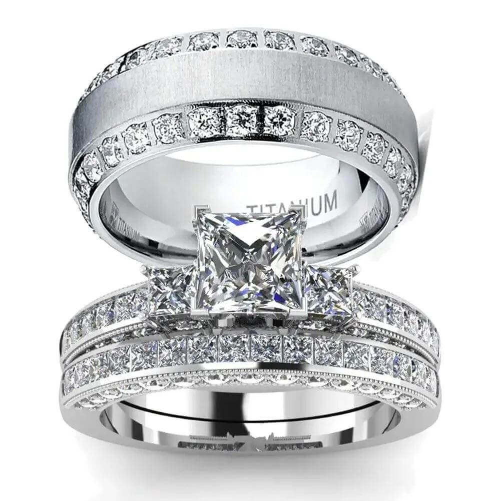 Couple Rings Set – Zirconia & Stainless Steel Wedding Jewelry - Viva Bella