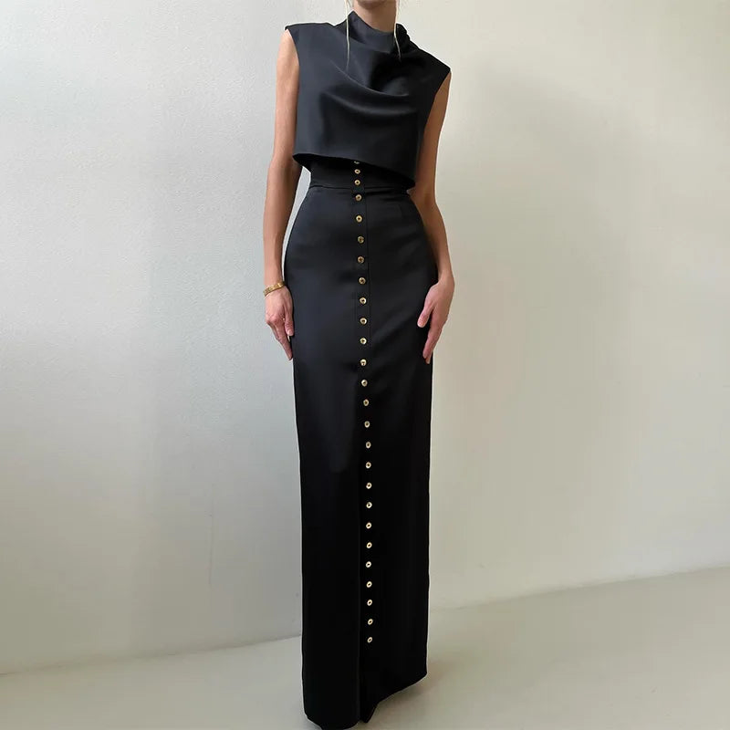 Satin Crop Top & Button Skirt Set – Sleek Spring Statement