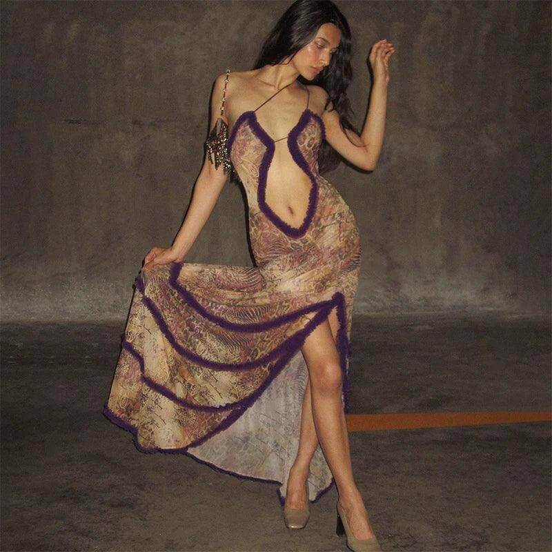 Luxury Furry Halter Dress – Split Evening Gown for Special Occasions - Viva Bella