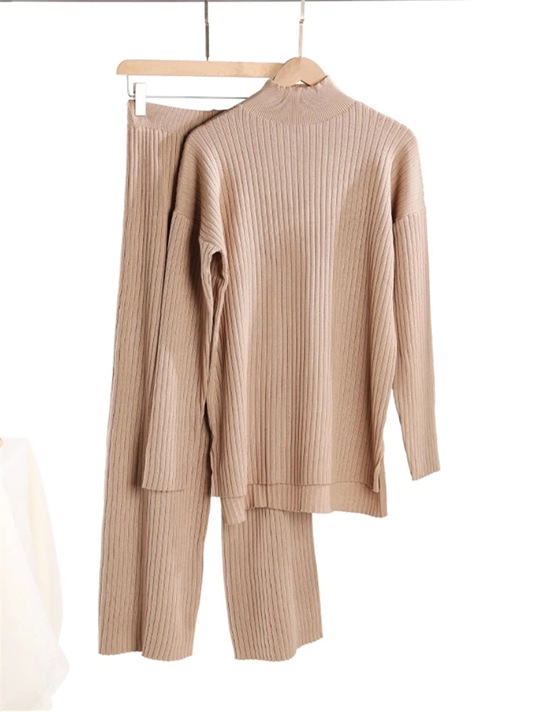 Autumn Winter 2 Pieces Women Sets Knitted Tracksuit Turtleneck Sweater and Straight Jogging Pants Suits - Viva Bella