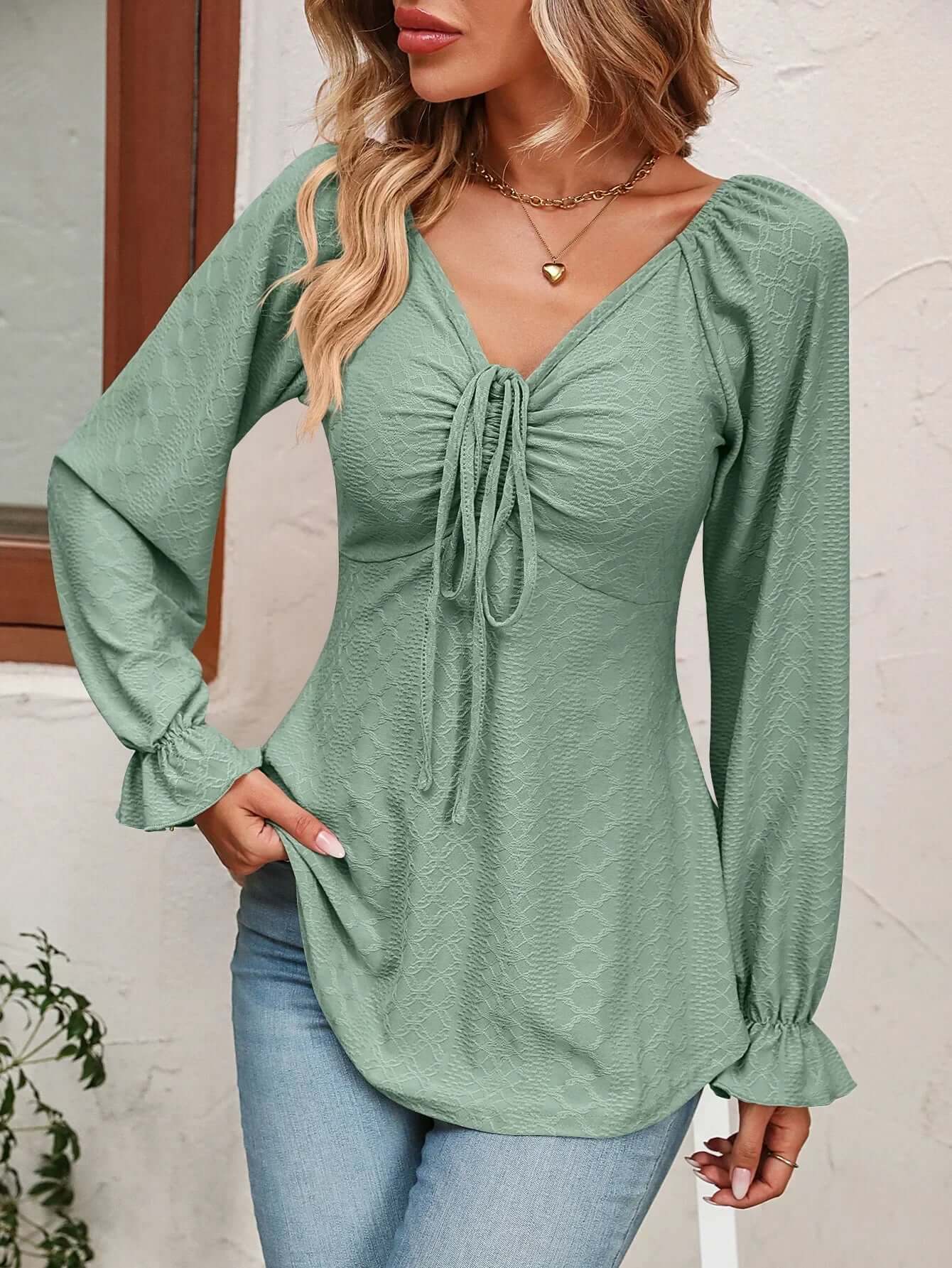 Women V-Neck Drawstring Waist Blouse - Viva Bella