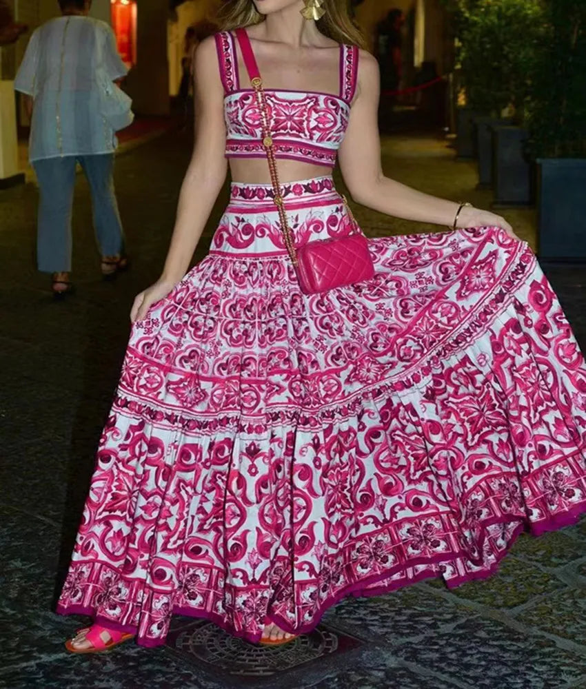 Porcelain Print Summer Set – Crop Top + Maxi Skirt