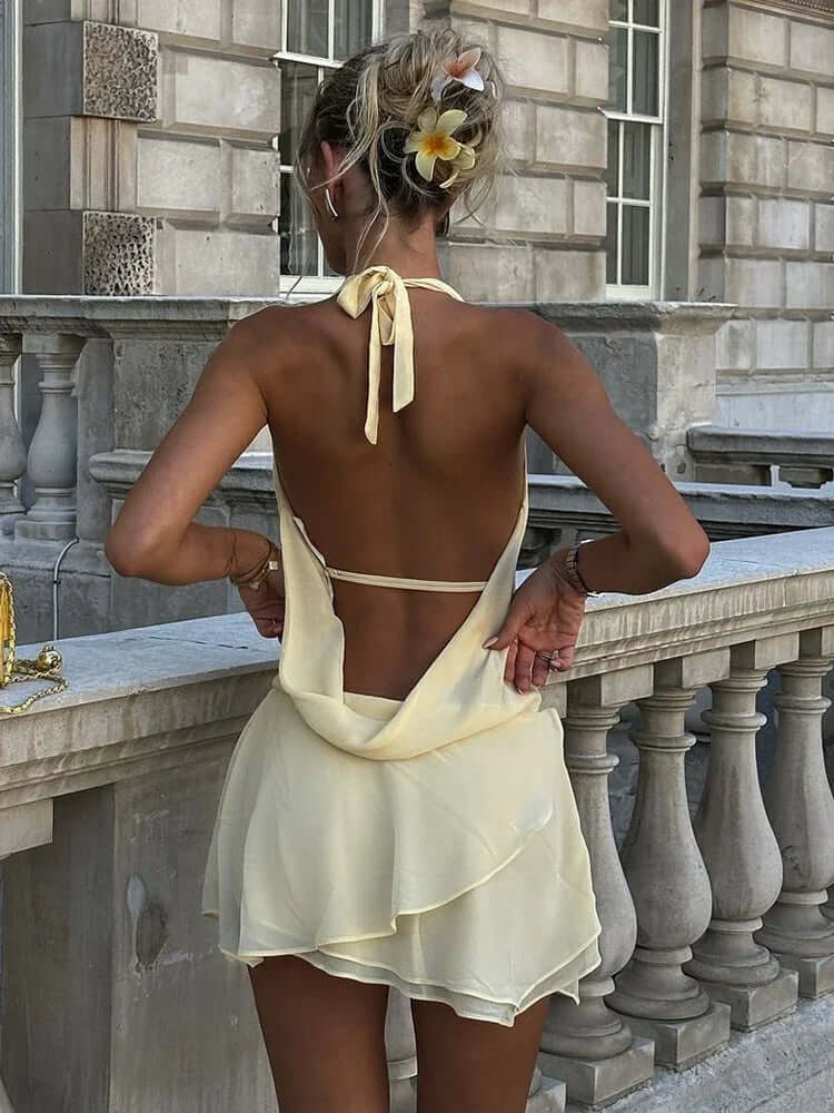 Draped Backless Mini Dress – Sexy Halter See-Through Look - Viva Bella