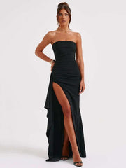 Strapless High-Slit Maxi Dress – Black Bodycon Party Wear - Viva Bella