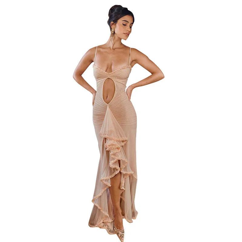 Luxury Furry Halter Dress – Split Evening Gown for Special Occasions - Viva Bella