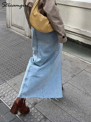 Front Slit Denim Maxi Skirt – Chic & Timeless Style - Viva Bella