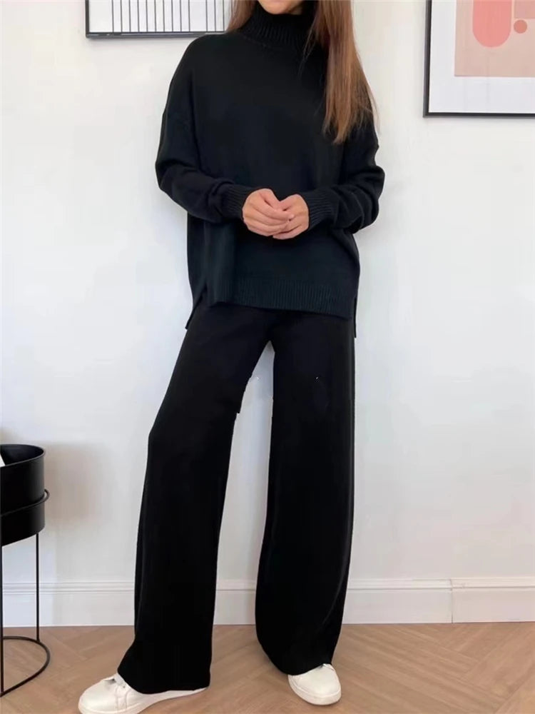 Autumn Winter 2 Pieces Women Sets Knitted Tracksuit Turtleneck Sweater and Straight Jogging Pants Suits - Viva Bella