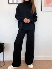 Autumn Winter 2 Pieces Women Sets Knitted Tracksuit Turtleneck Sweater and Straight Jogging Pants Suits - Viva Bella